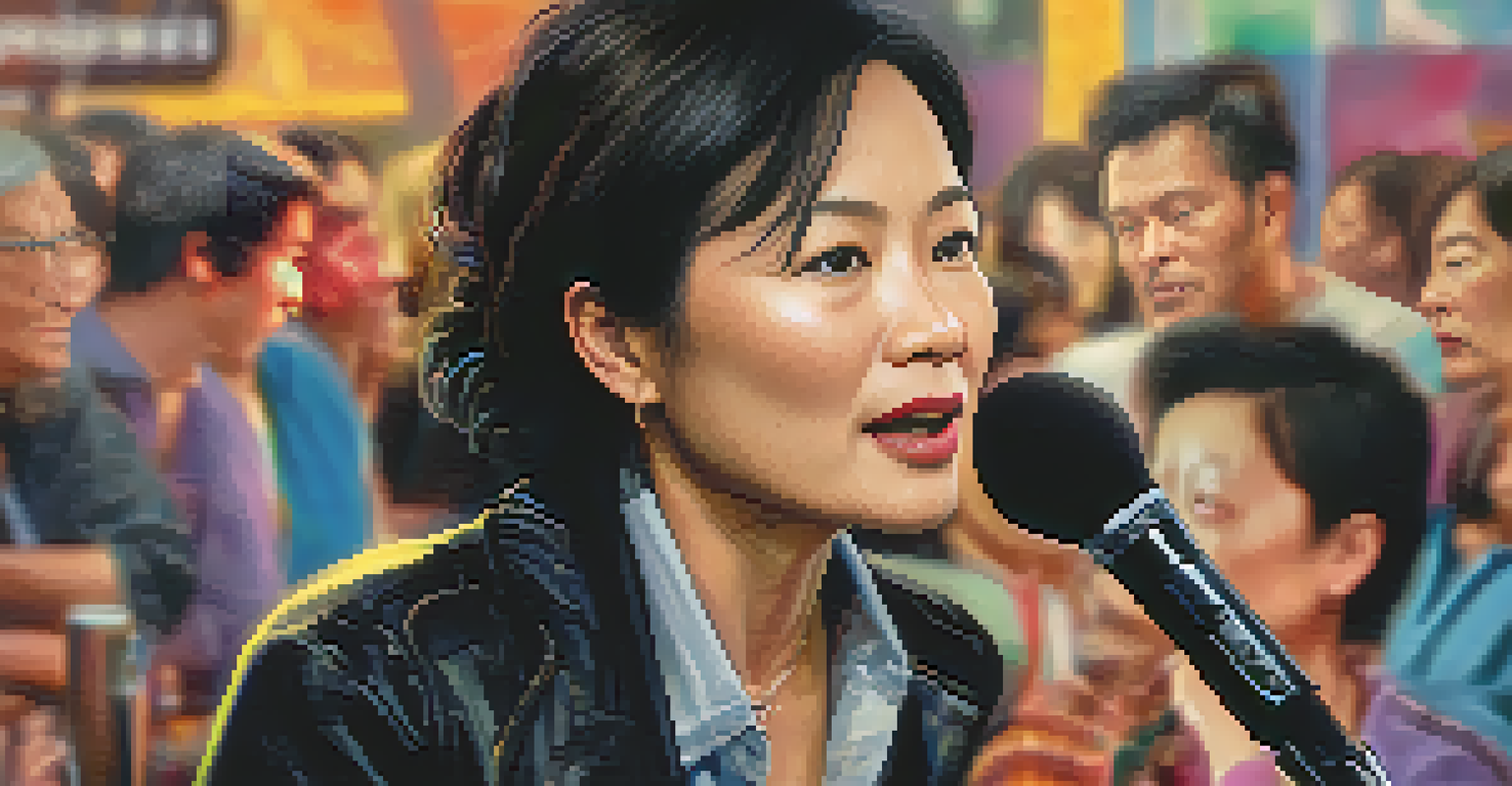 A close-up of a middle-aged Asian woman filmmaker speaking into a microphone during a Q&A session at a film festival, with an engaged audience in the background.