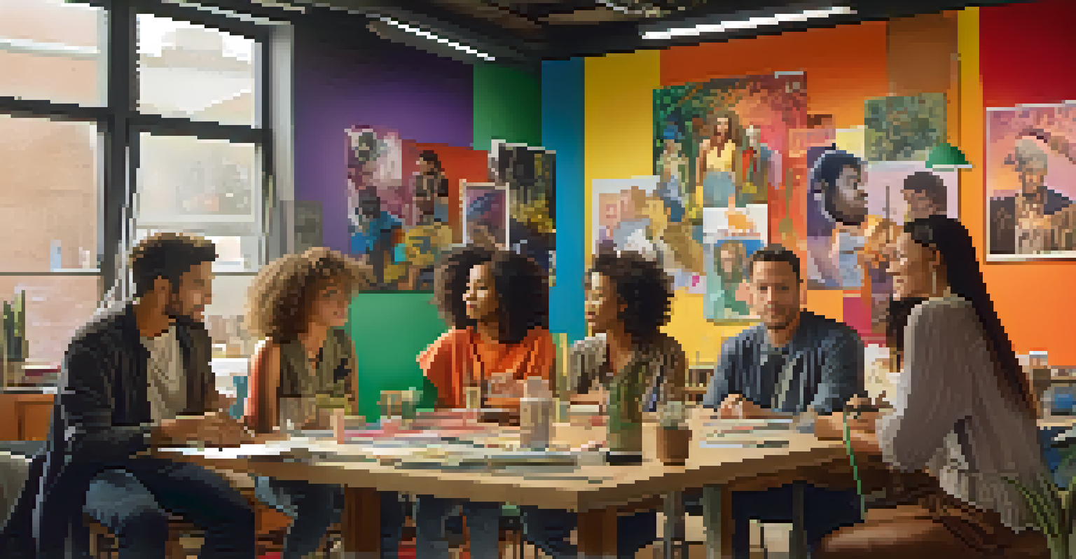 A diverse group of actors brainstorming in a colorful studio with film posters on the walls.