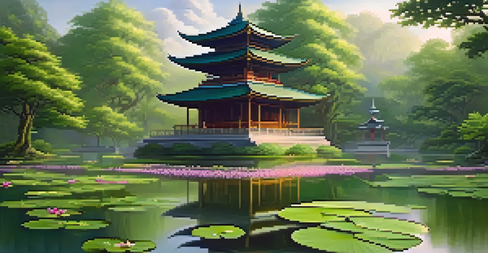 A peaceful Buddhist temple surrounded by a green forest, with a pond reflecting the temple and lotus flowers.