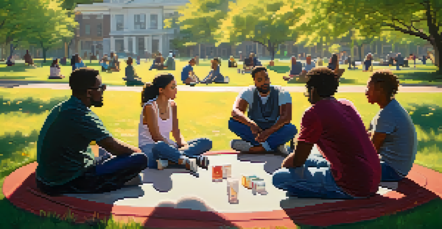 A diverse group of people in a supportive discussion about addiction recovery in a sunlit park.