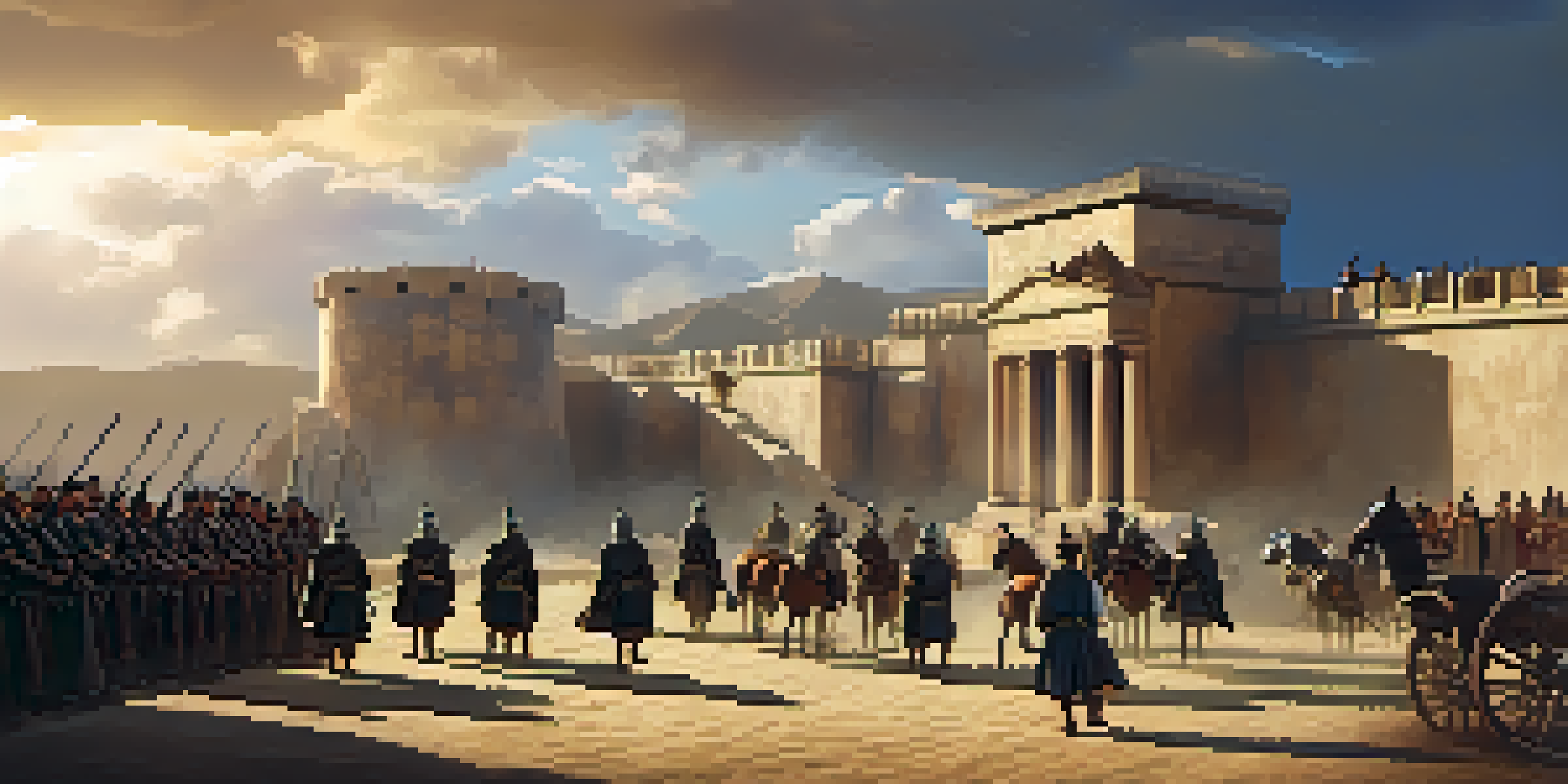 A film crew on set with actors in historical costumes, surrounded by a dramatic ancient battlefield backdrop.