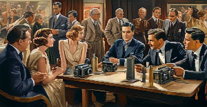 A group of actors in 1930s attire discussing the founding of the Screen Actors Guild in a vintage Hollywood studio.
