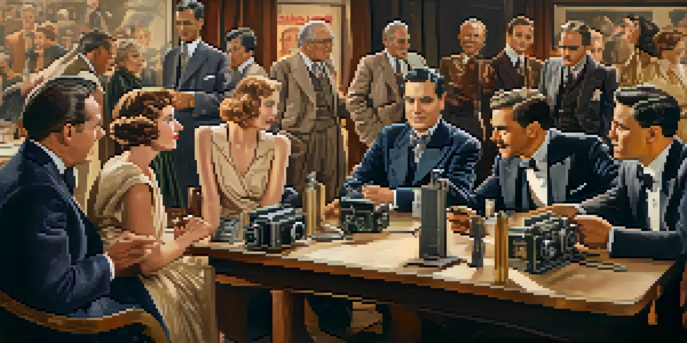 A group of actors in 1930s attire discussing the founding of the Screen Actors Guild in a vintage Hollywood studio.