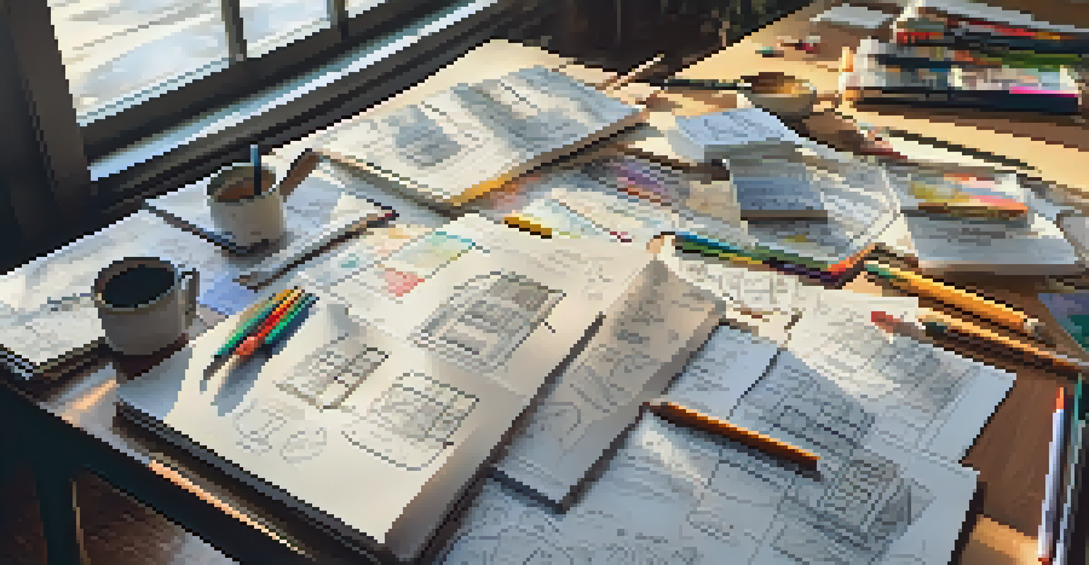 A wooden table with an artistic film storyboard, colorful sketches, and coffee, illuminated by sunlight.