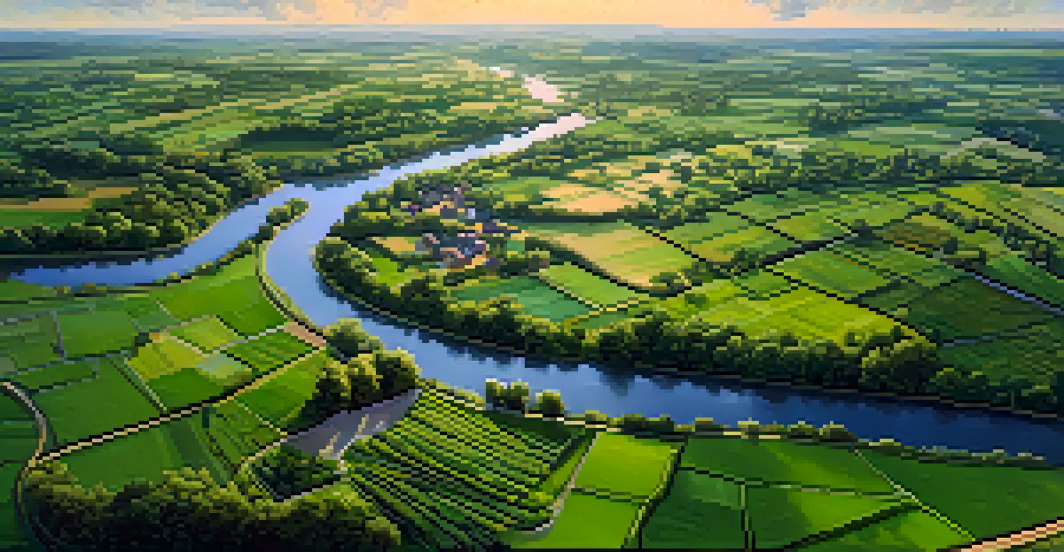 An aerial view of a green landscape with a river and village, showing fields and trees under a clear sky.