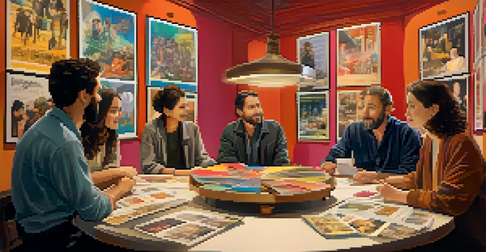 A diverse group of filmmakers on a film set discussing storyboards, surrounded by colorful posters of Jewish films.