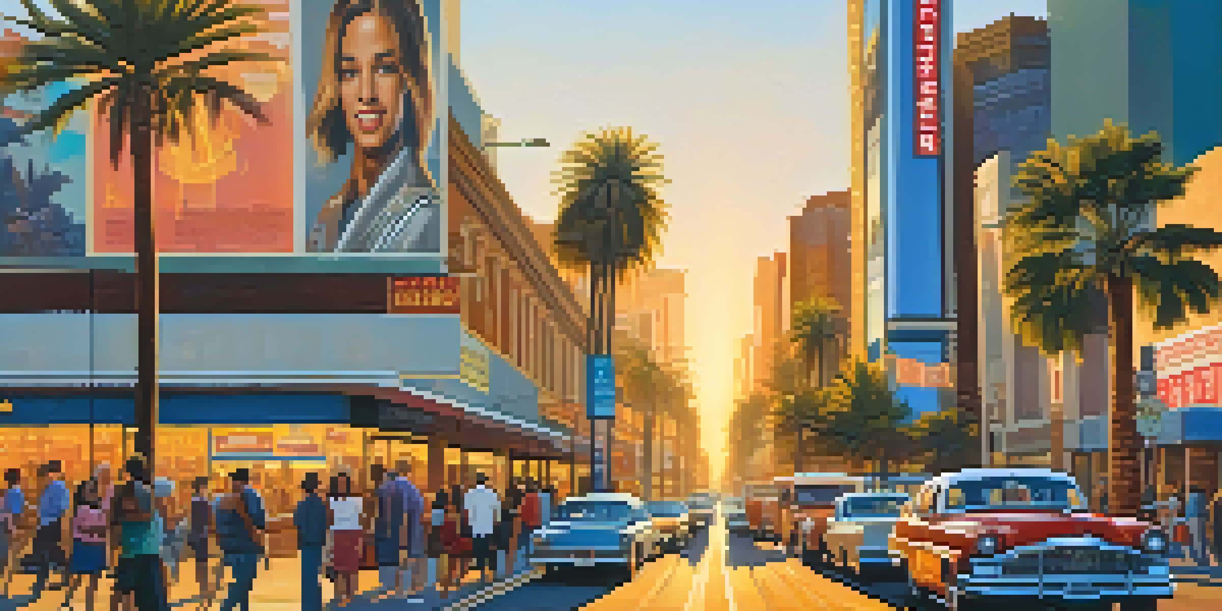 A busy Hollywood street with palm trees and movie billboards during sunset, featuring diverse people walking and talking.