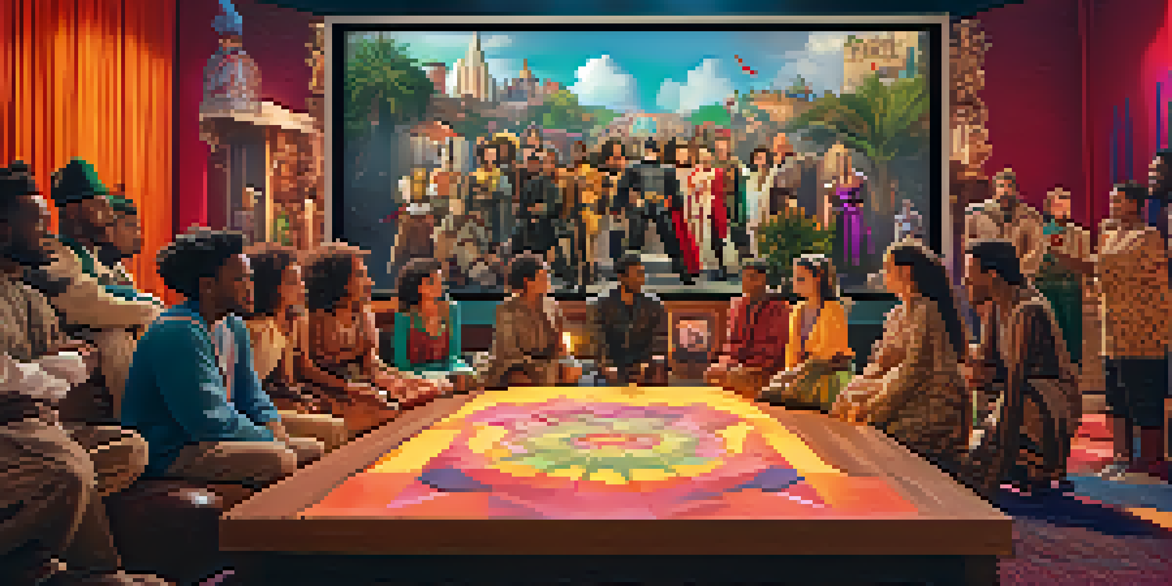 A diverse group of actors collaborating on a film set, surrounded by colorful costumes and props, with warm lighting.