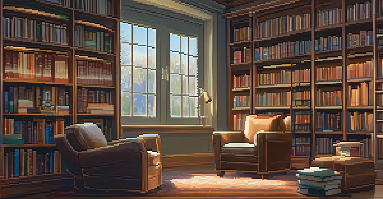 A cozy library filled with books on race and representation, with soft lighting and a reading nook.