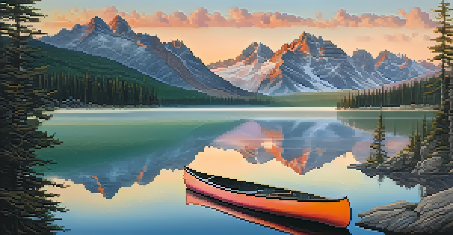 A tranquil mountain landscape at sunrise with a lake and a canoe.