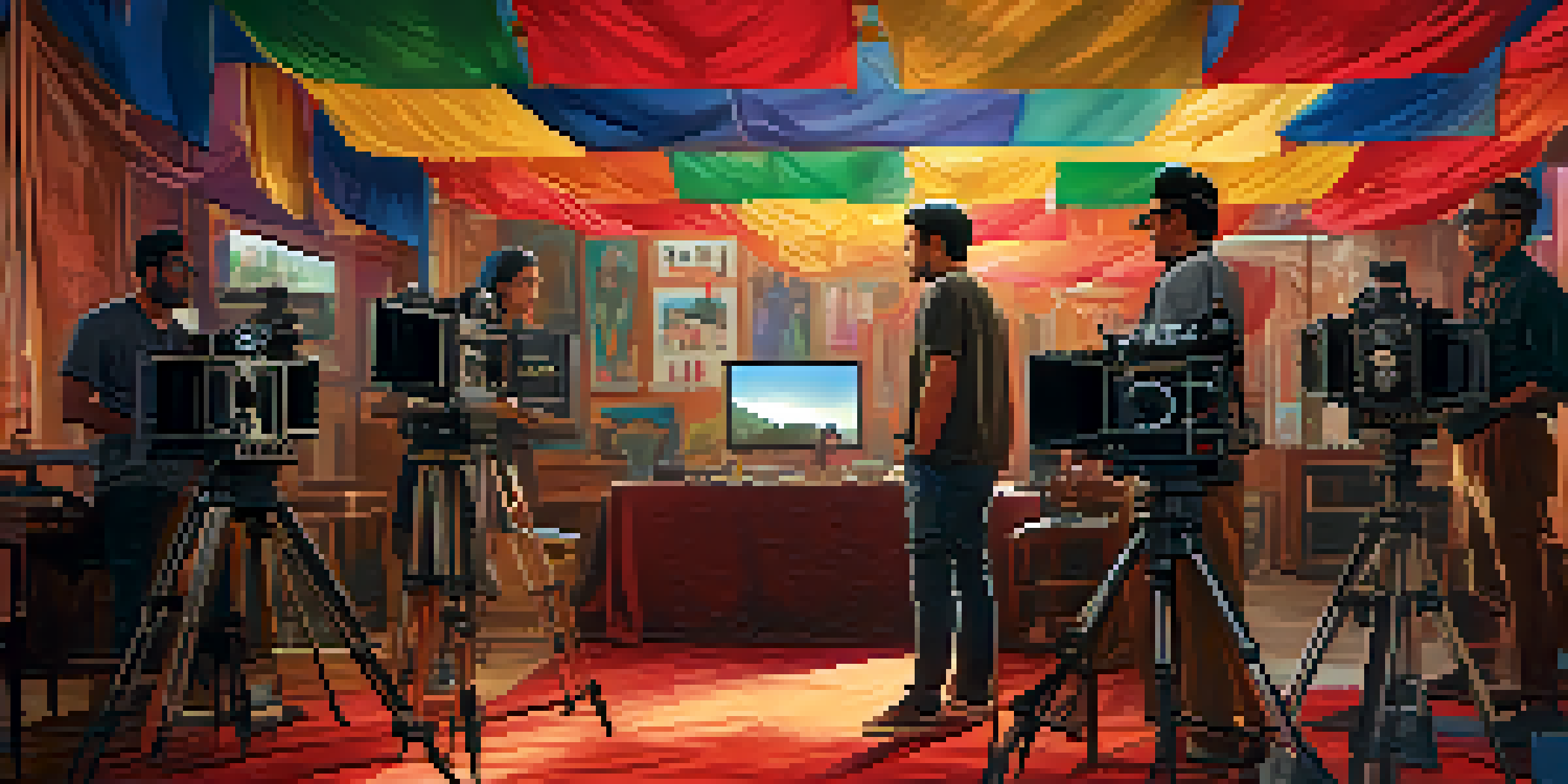 A diverse group of filmmakers working together on a film set, surrounded by various cultural banners and film equipment.