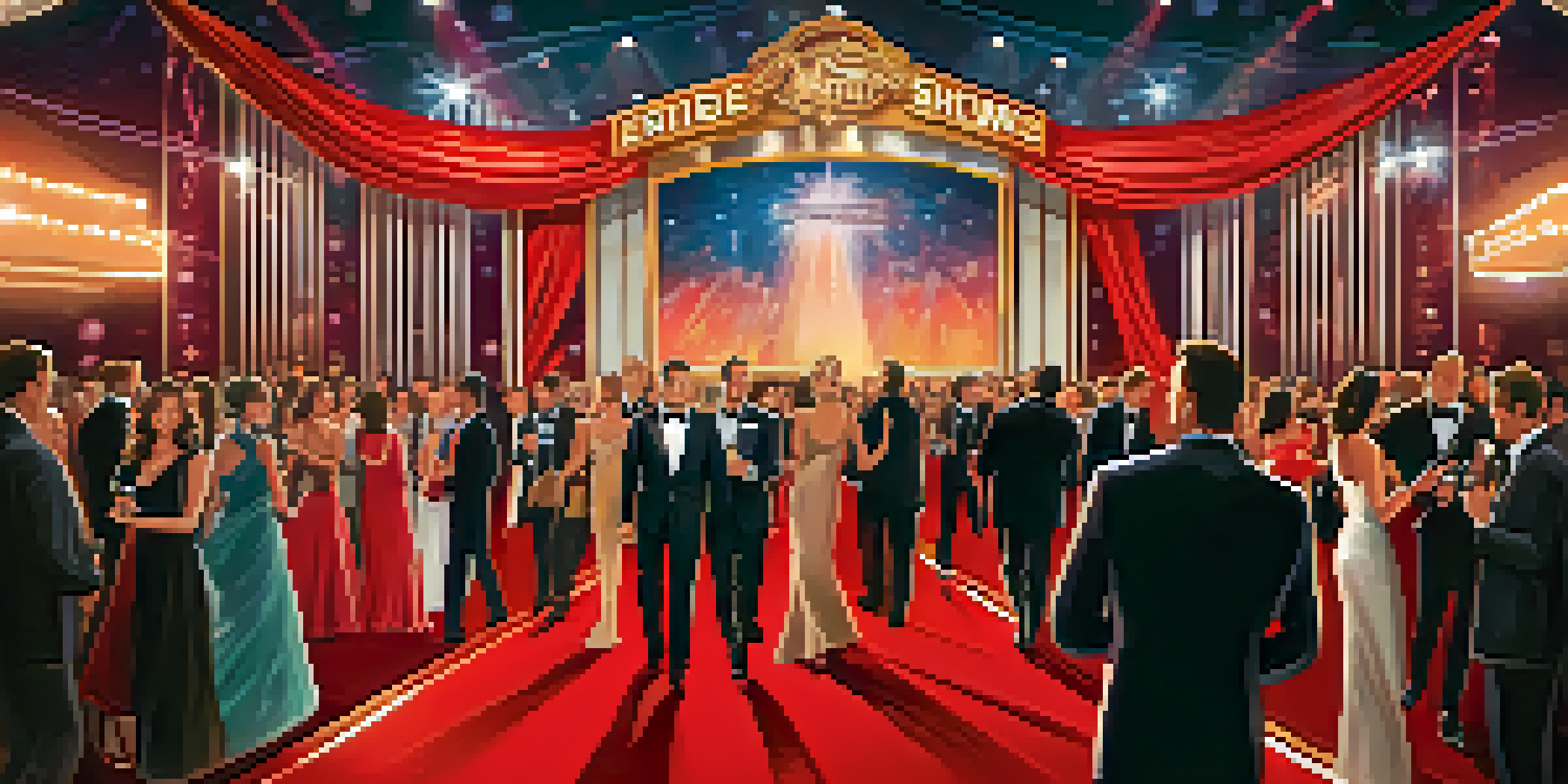 A vibrant red carpet event with well-dressed people and bright lights, capturing the excitement of an award show.