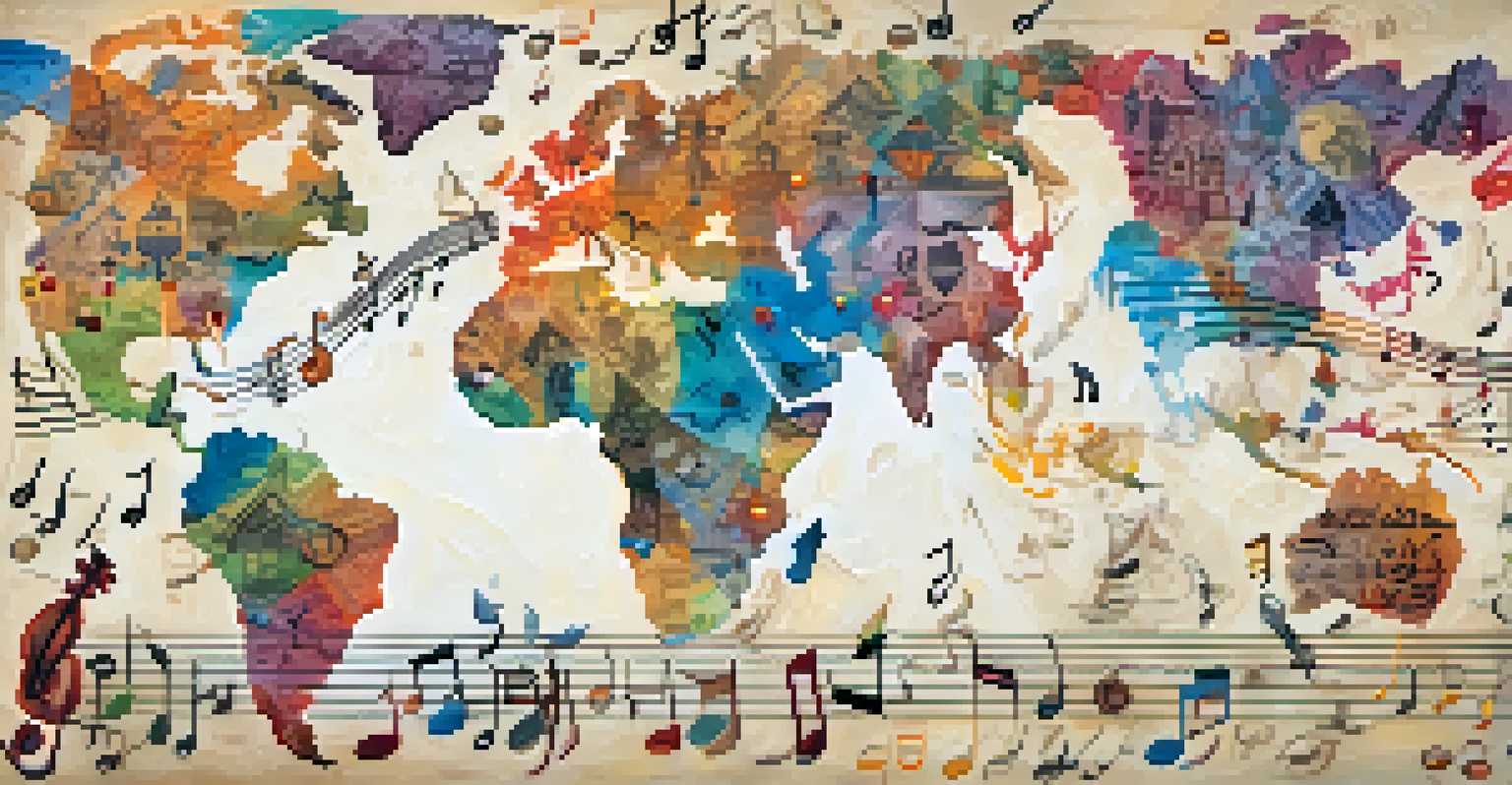 A world map with musical notes and symbols representing diverse musical cultures.