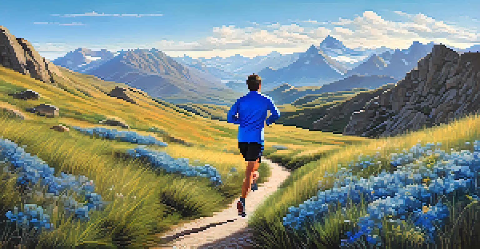 A lone runner on a mountain trail, surrounded by stunning peaks and a clear blue sky, capturing a moment of reflection.