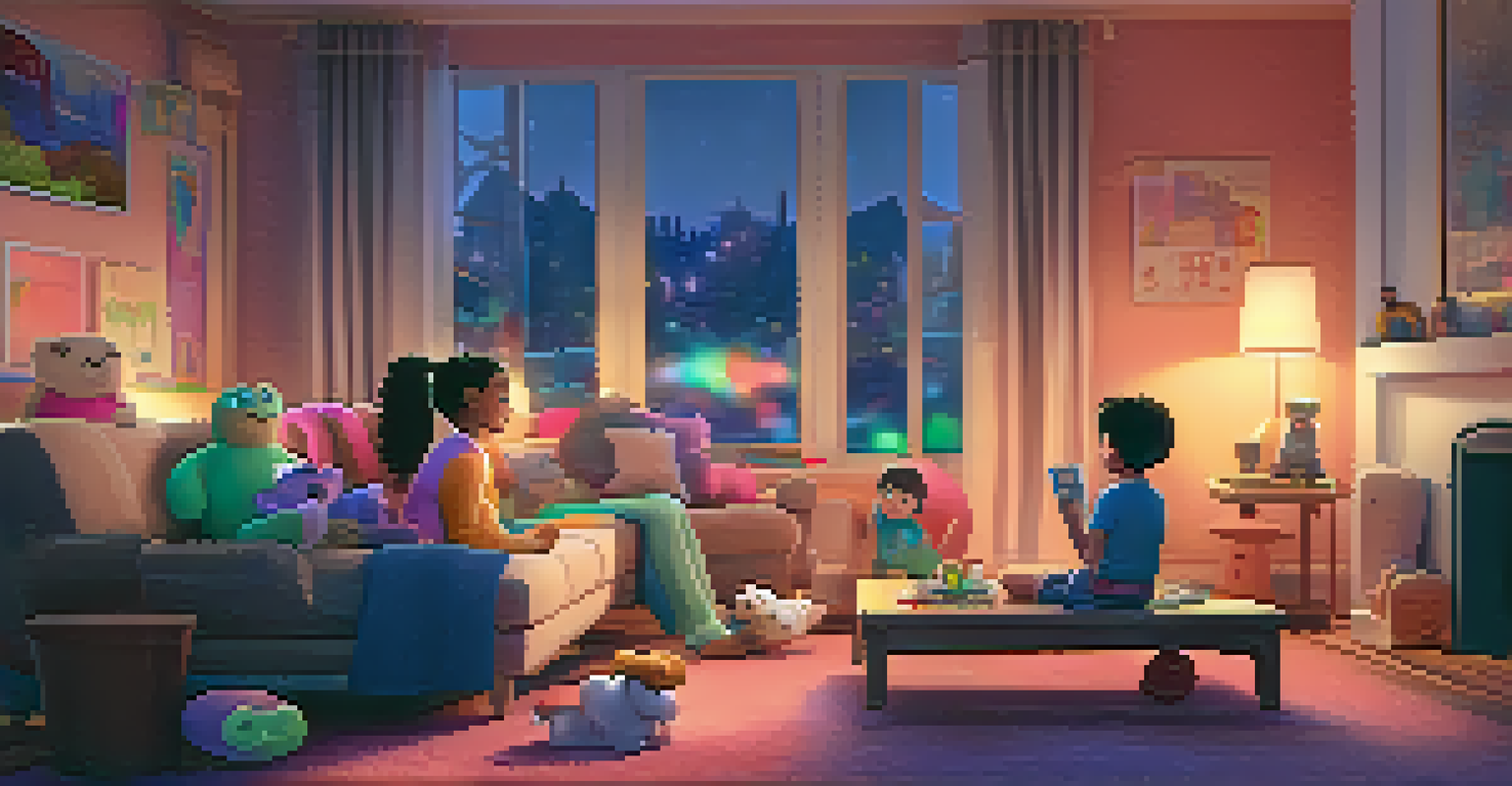 A parent and child sitting together in a cozy living room watching an animated movie, with a warm ambiance and colorful characters on the screen.