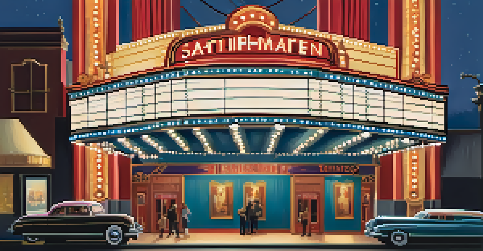 A retro movie theater marquee displaying classic satirical film titles, with a line of excited moviegoers waiting outside.