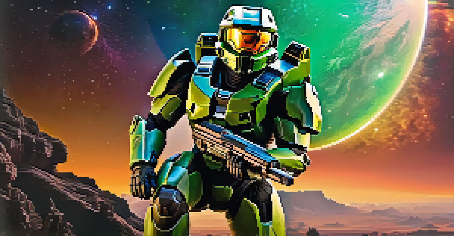 Master Chief standing on a distant planet, looking out at a vibrant nebula and starry sky, embodying heroism.
