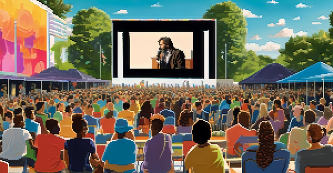 A lively film festival with diverse attendees engaging in conversations, colorful banners, and a large screen displaying a film.