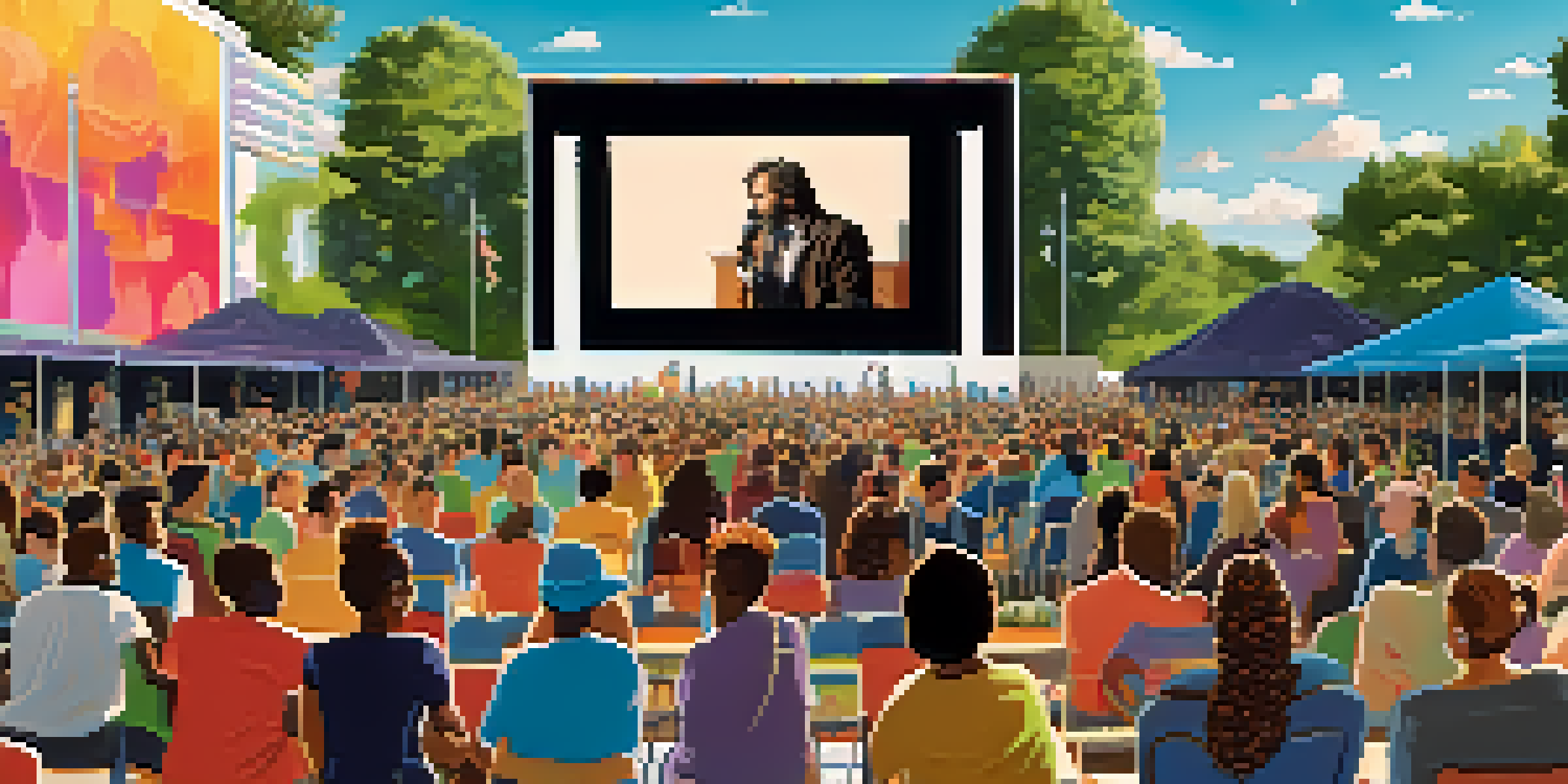 A lively film festival with diverse attendees engaging in conversations, colorful banners, and a large screen displaying a film.