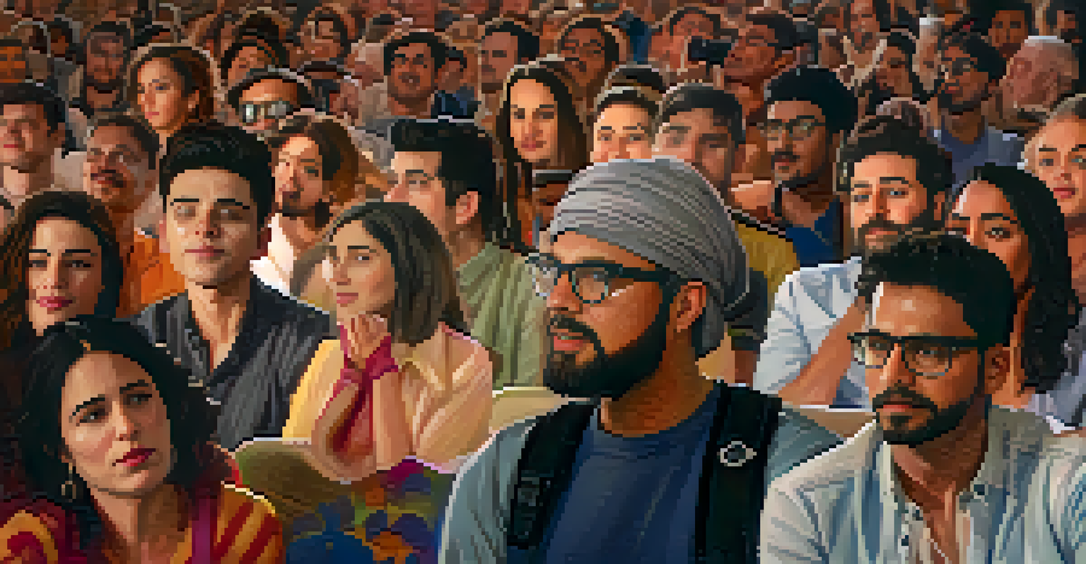 A close-up of a Middle-Eastern filmmaker discussing their LGBTQ+ film project at a festival, with an engaged audience in the background.