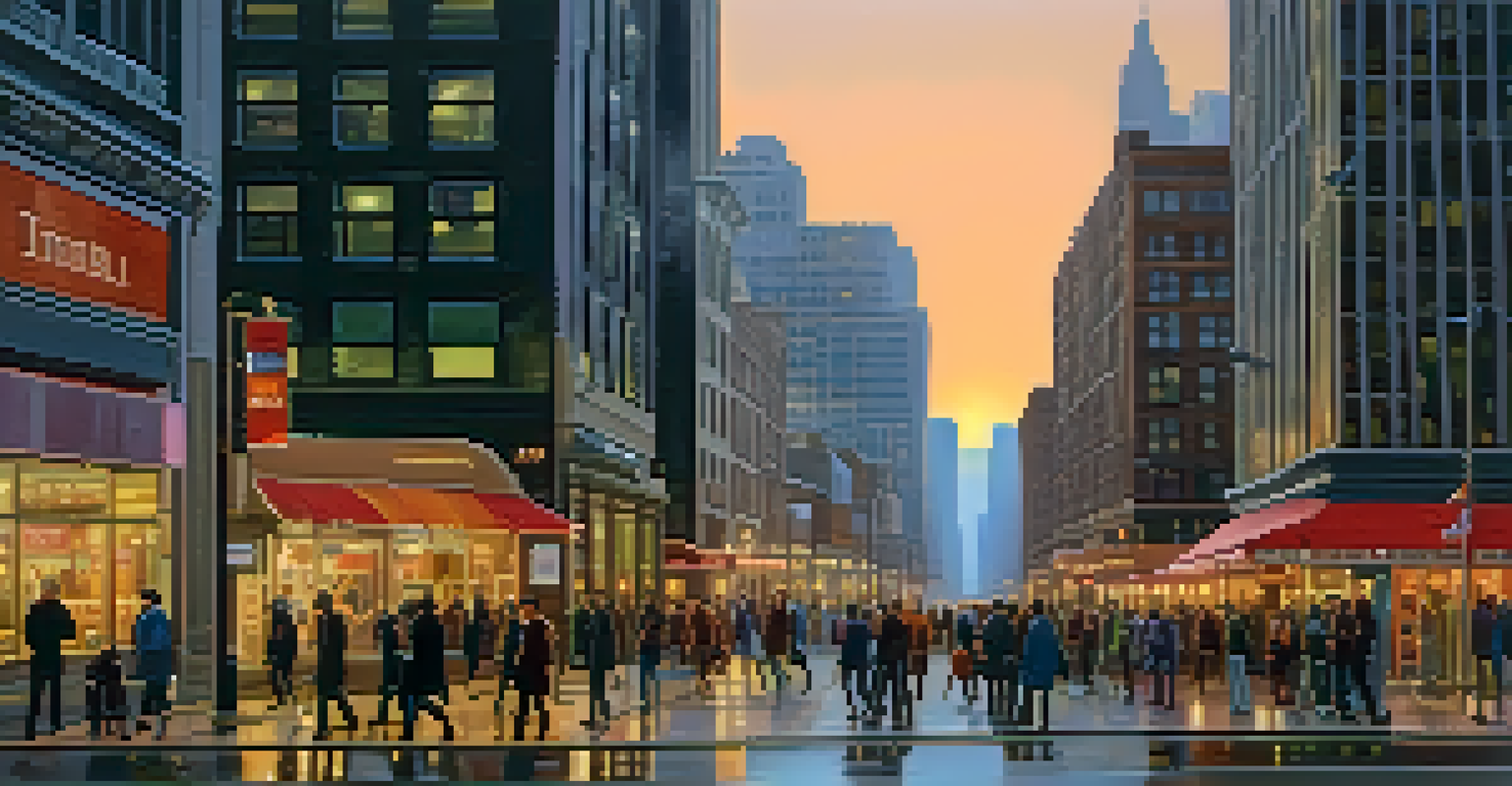 A busy city street at twilight with glowing street lamps, storefronts, and people walking.