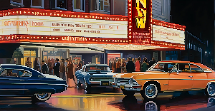 A vintage cinema marquee at night with 'Now Showing' lit up, surrounded by people in 1970s attire and classic cars.