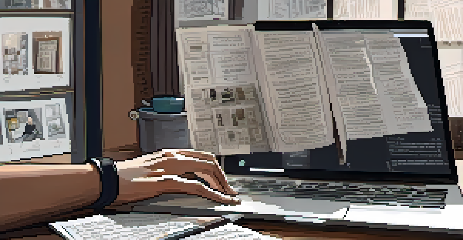 A close-up of a filmmaker's hands typing on a laptop among storyboards and scripts, with a cozy workspace illuminated by natural light.