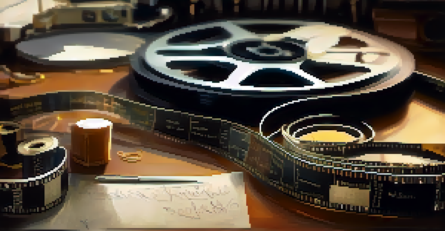 A close-up of a vintage film reel with editing tools like scissors and tape, set against a softly blurred background.
