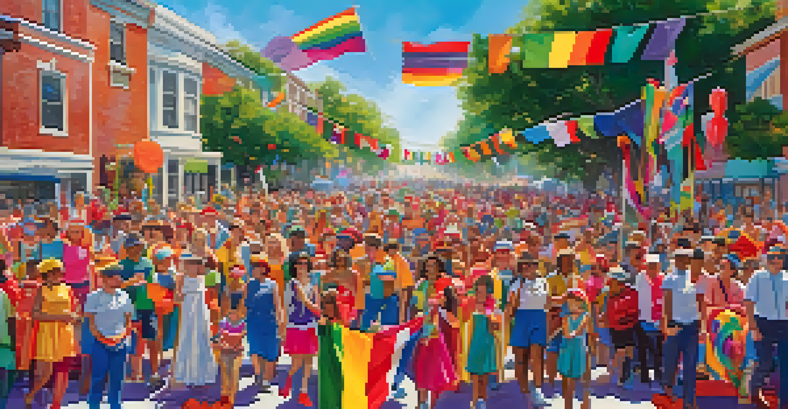 A lively outdoor pride parade with participants celebrating in bright costumes, colorful flags, and signs promoting love and acceptance under a clear blue sky.