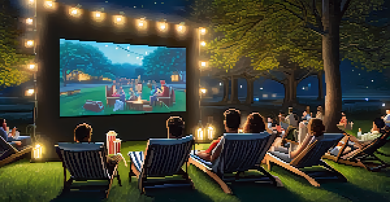 An outdoor cinema setup with a large screen, deck chairs, and string lights under a starlit sky.