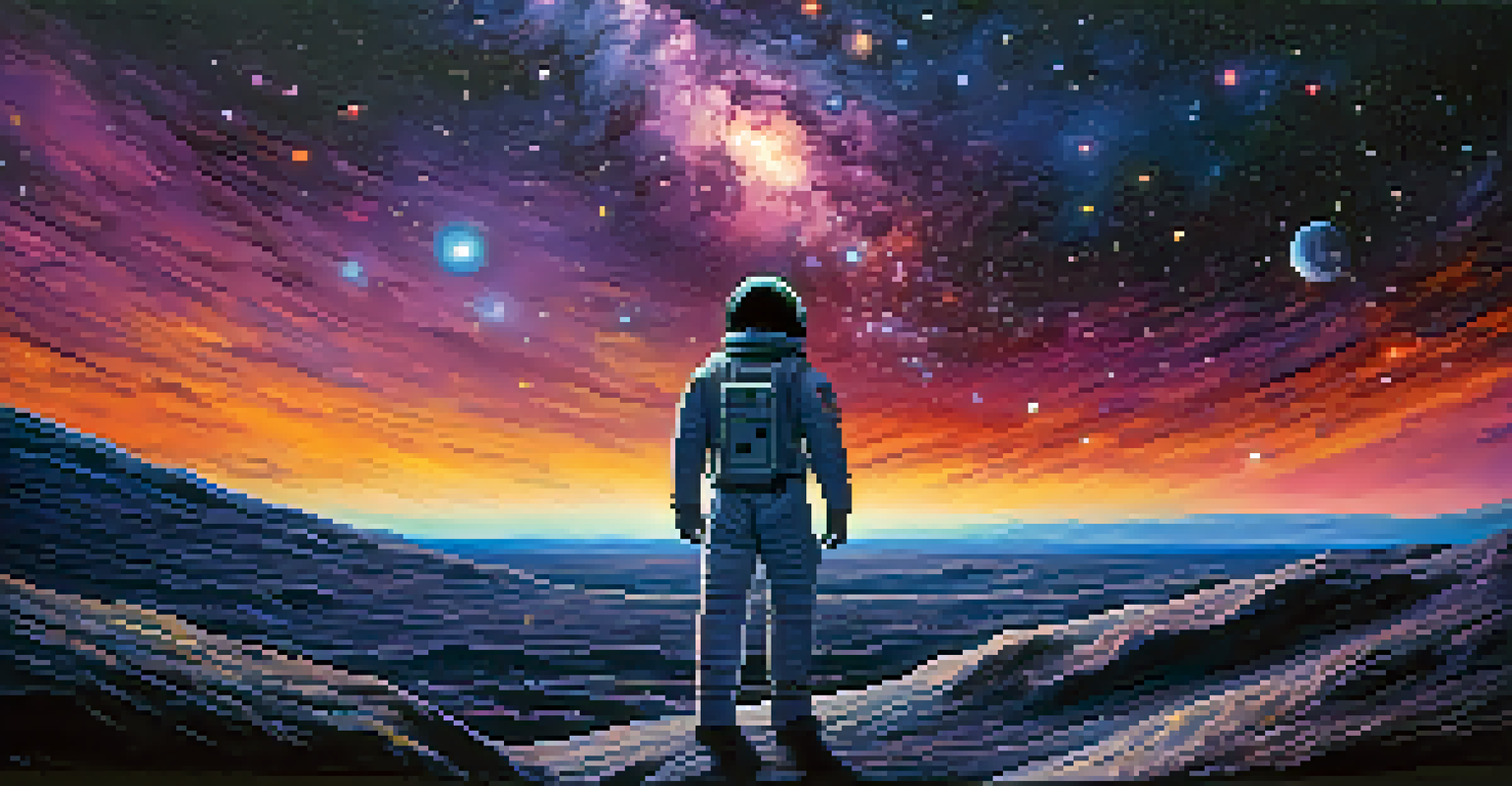 An astronaut looking into a starry sky filled with galaxies, colors of deep blue and vibrant purple creating a sense of wonder.