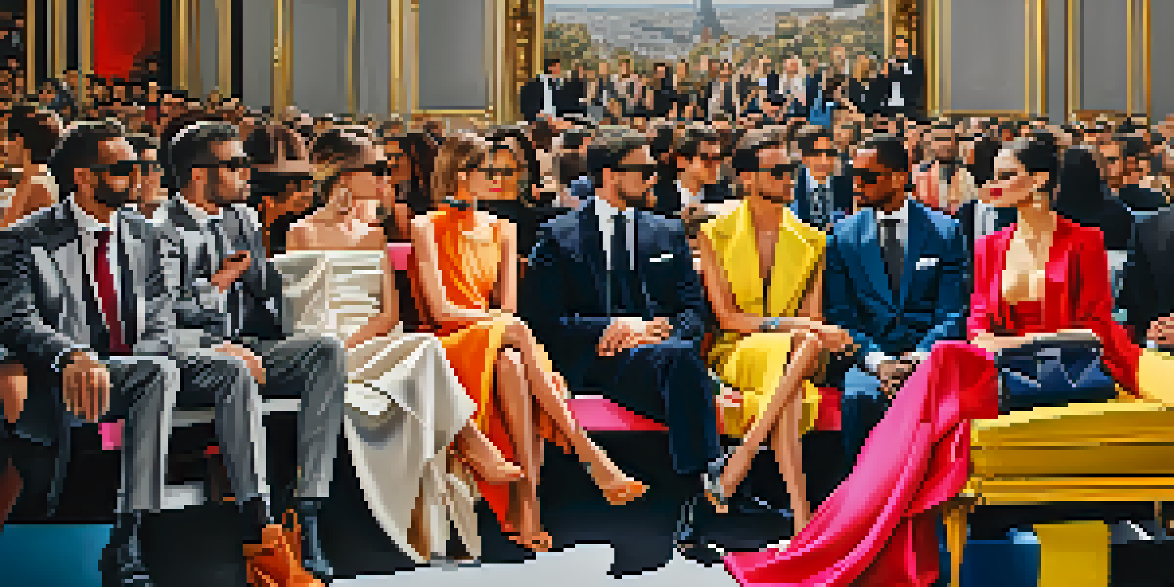 A lively scene at Paris Fashion Week featuring celebrities in stylish outfits, bright lights, and a runway filled with high-fashion designs.