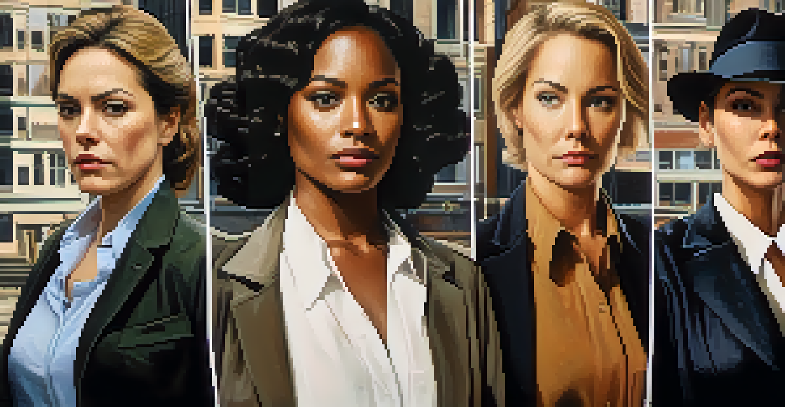 A collage of diverse female characters from crime narratives, each showcasing strength in different settings.