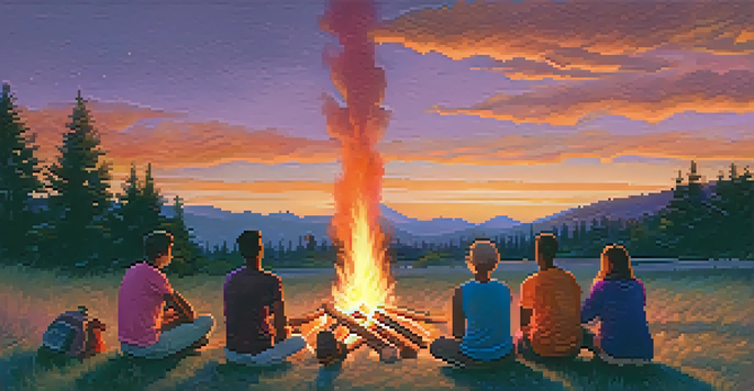 A diverse group of people sitting around a bonfire at sunset, sharing stories. The sky is colorful with orange, pink, and purple hues.