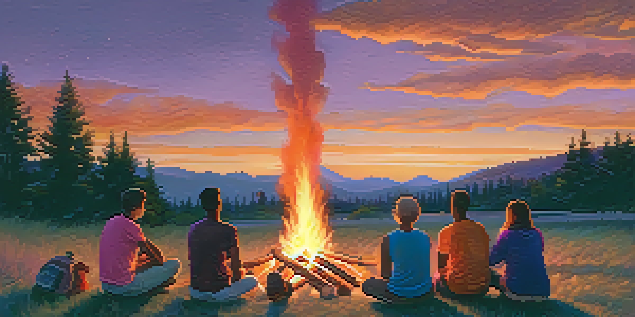 A diverse group of people sitting around a bonfire at sunset, sharing stories. The sky is colorful with orange, pink, and purple hues.