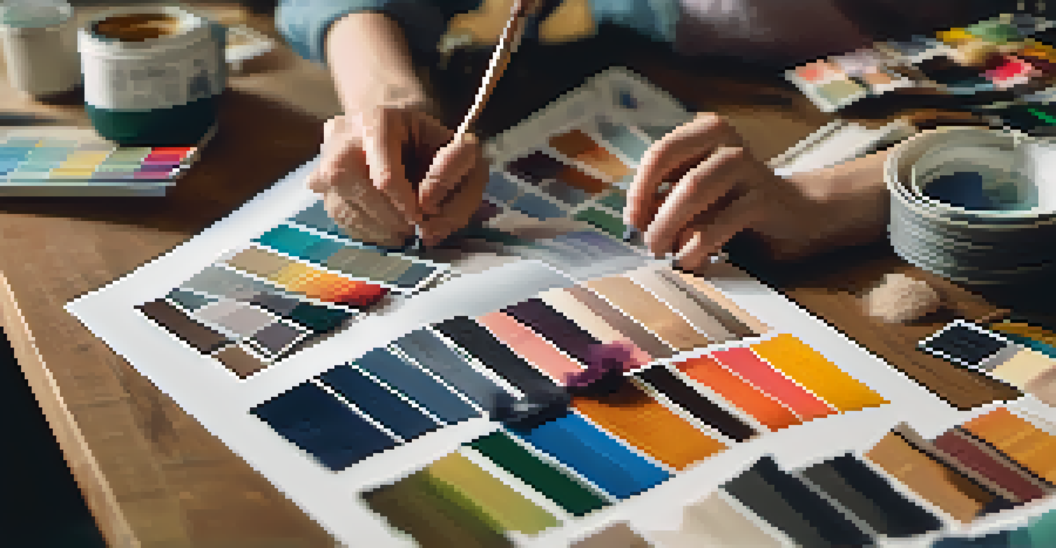 Hands collaborating on a mood board with fabric swatches and sketches, showcasing teamwork in a creative process.