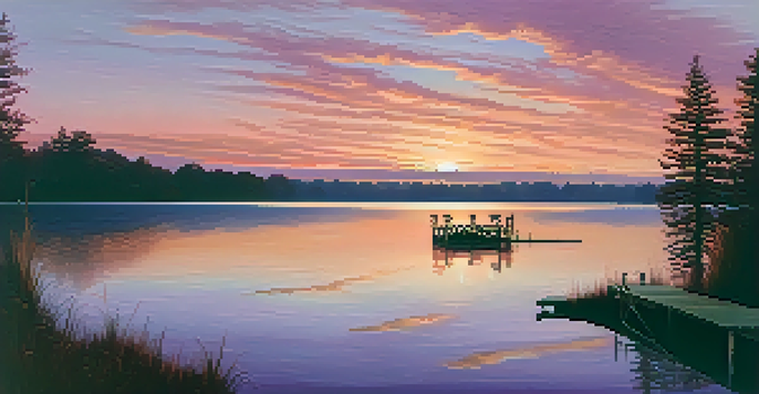 A beautiful sunset over a calm lake with colorful reflections and a wooden dock.