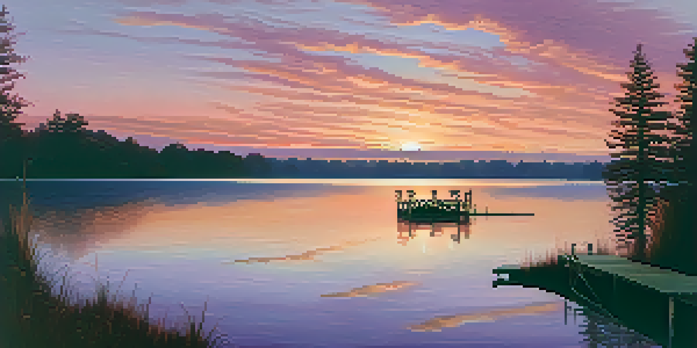A beautiful sunset over a calm lake with colorful reflections and a wooden dock.