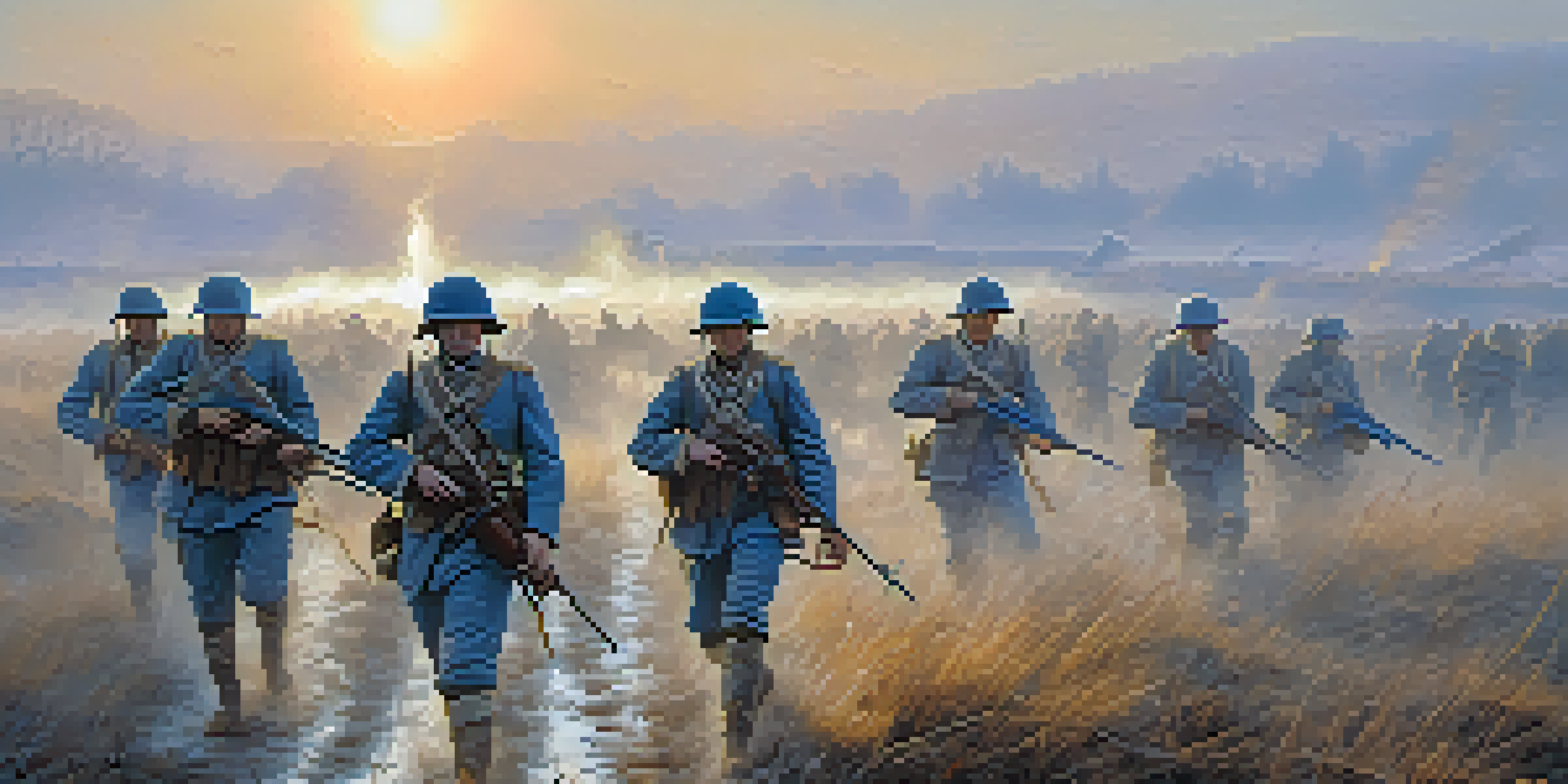 A battlefield at dawn with soldiers in gear, experiencing camaraderie in a misty landscape.