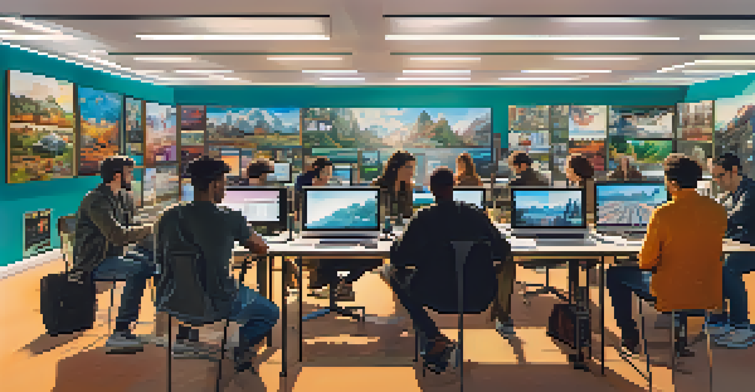 A bright studio space with diverse filmmakers collaborating over laptops, surrounded by international film posters.