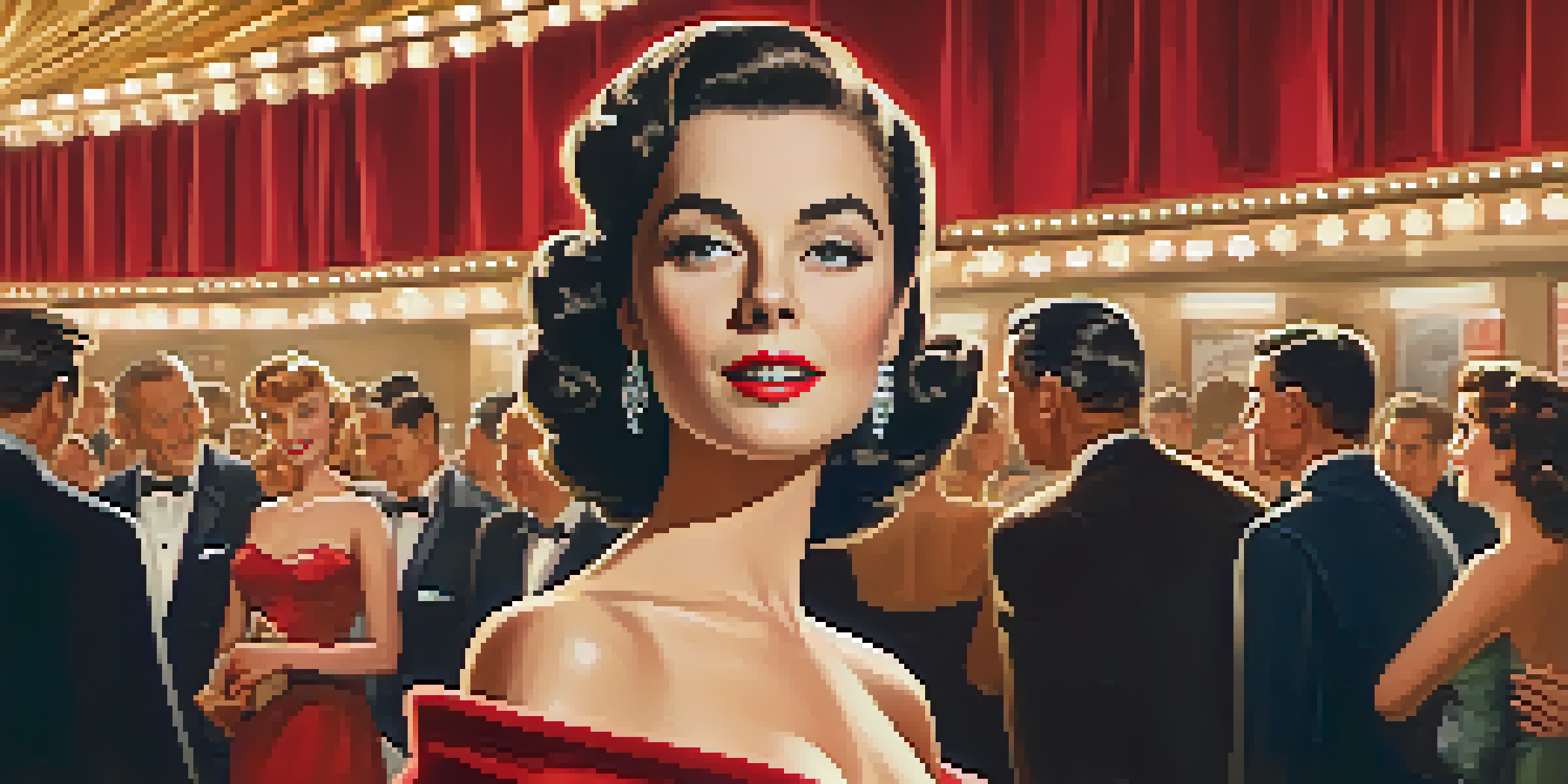 A 1950s Hollywood actress in an elegant gown on a red carpet, surrounded by vintage movie posters and admirers, bathed in soft golden light.