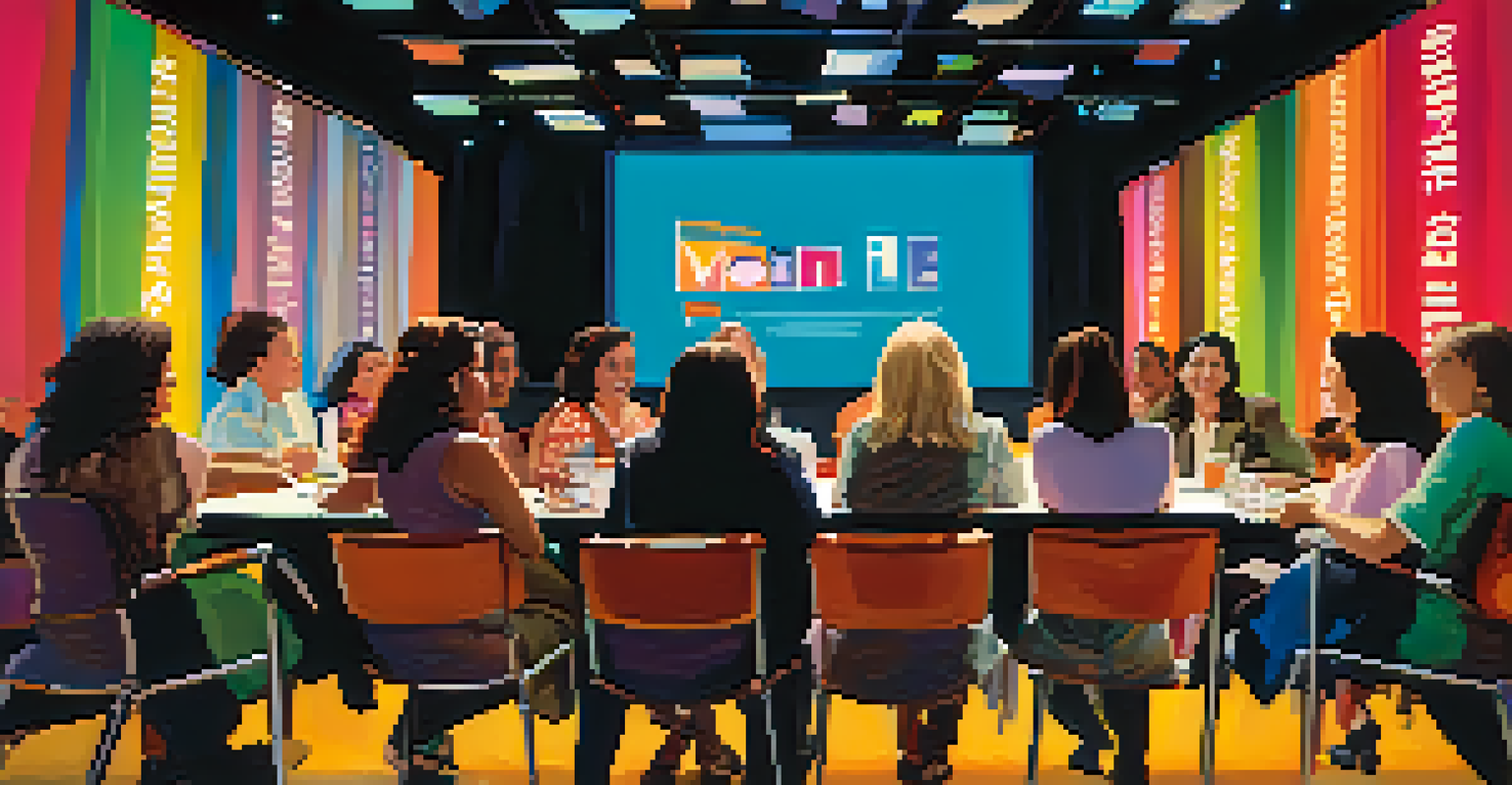Women film critics on a panel at a film festival, engaging with an audience in a colorful setting.