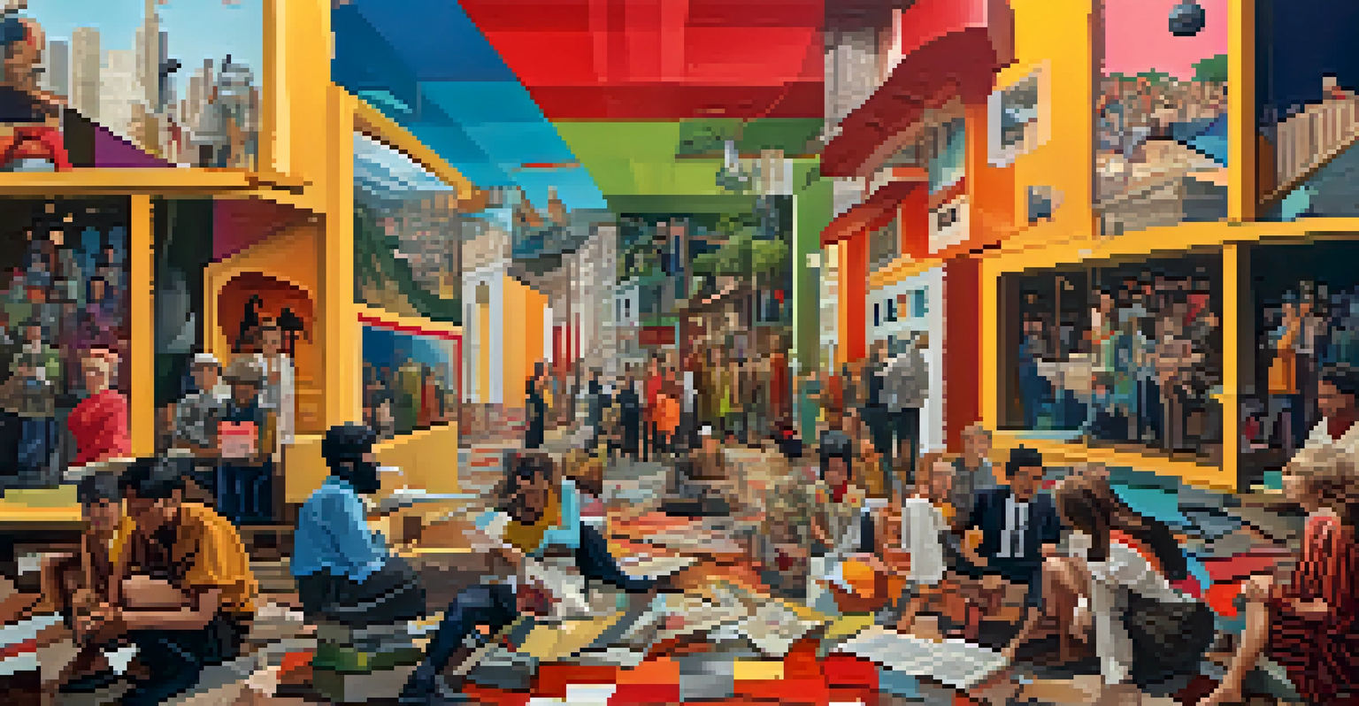 An artistic representation of a non-linear narrative with overlapping frames of characters and events, using vibrant colors and abstract shapes.