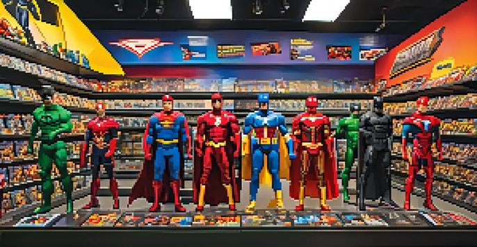 A colorful retail store display filled with superhero action figures and themed clothing, with warm lighting and movie posters in the background.