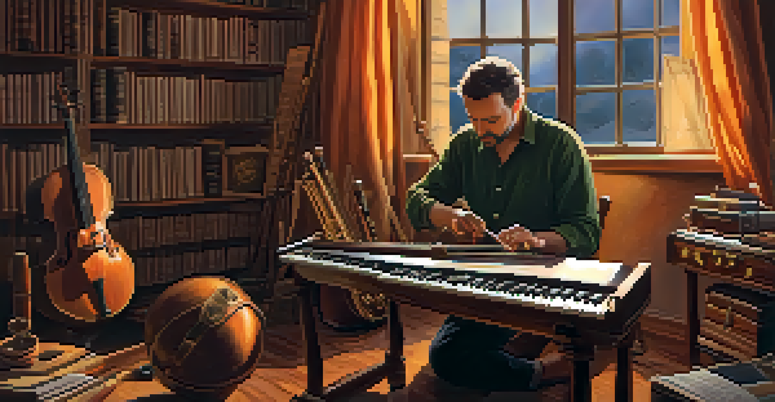A composer working with traditional musical instruments in a warm-lit room.
