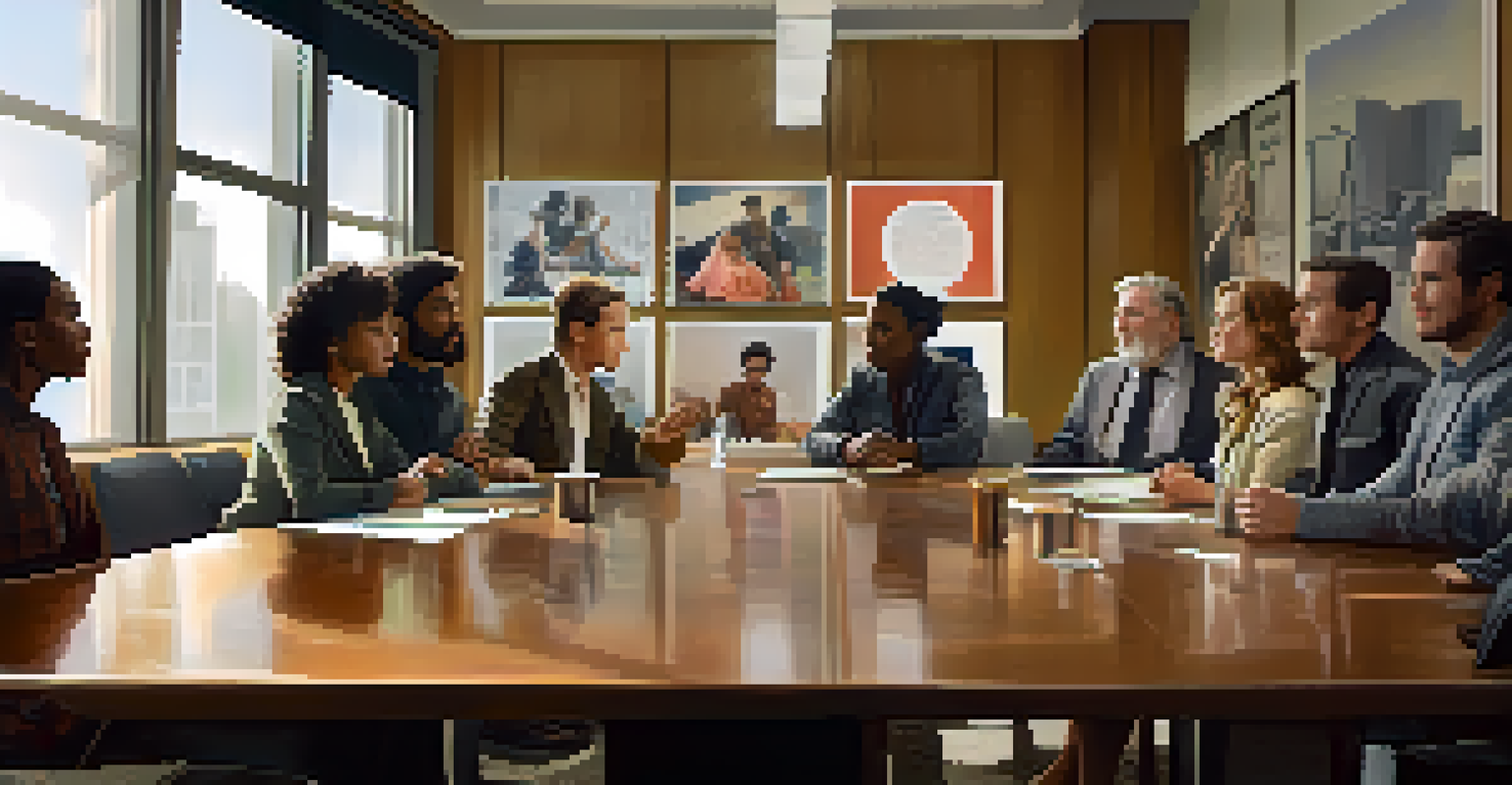A diverse group of actors in a meeting room discussing the role of SAG in their careers, with film posters and natural light.