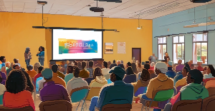 A community gathering for a documentary screening with a diverse audience watching and discussing the film.