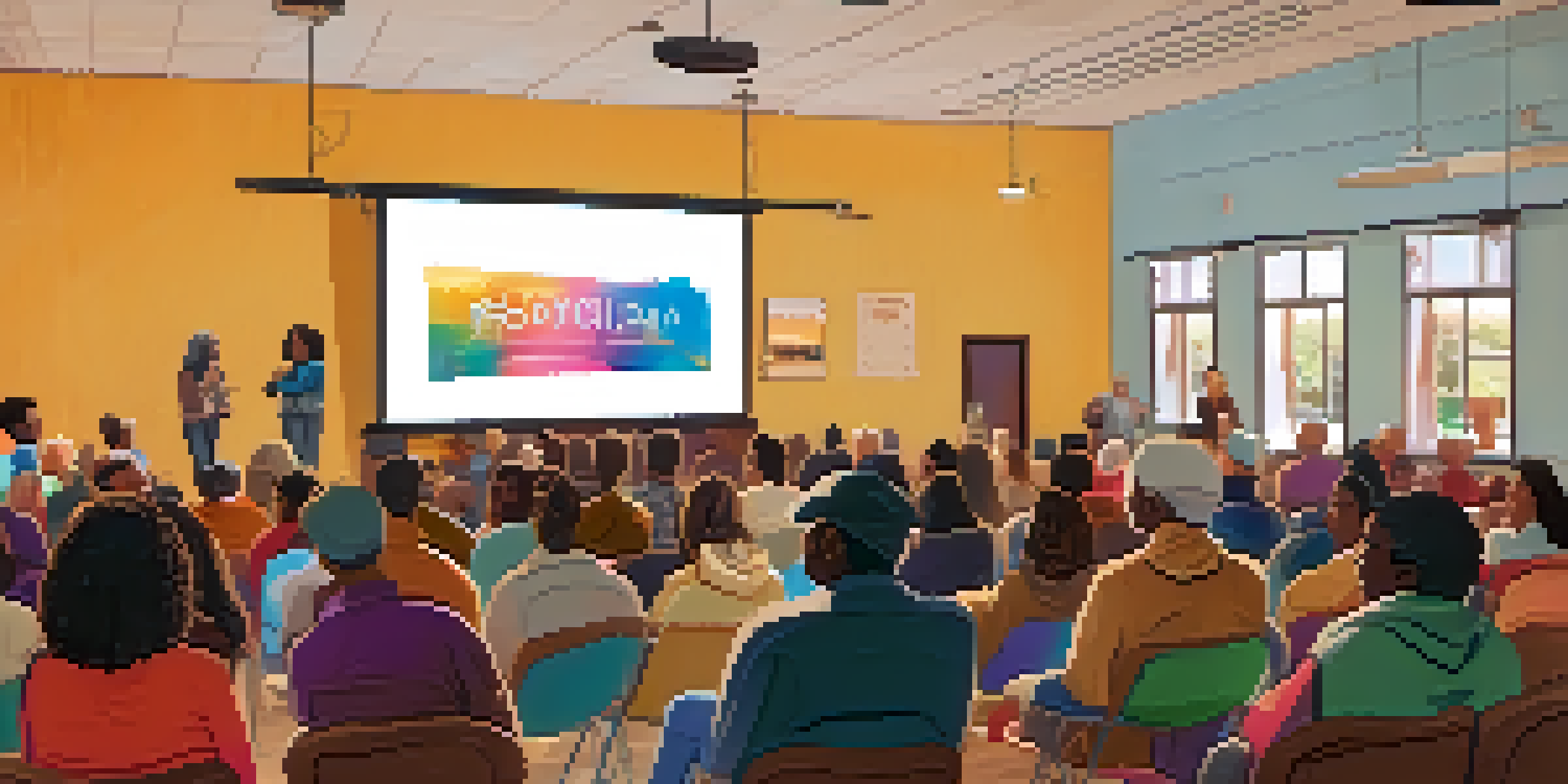 A community gathering for a documentary screening with a diverse audience watching and discussing the film.