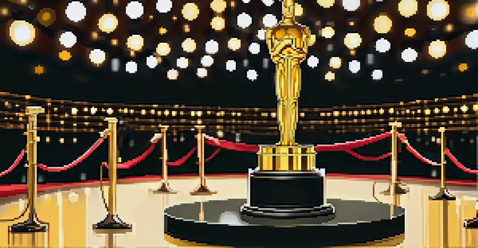 An Oscar trophy on a velvet pedestal surrounded by lights and film reels, with a blurred awards ceremony background.