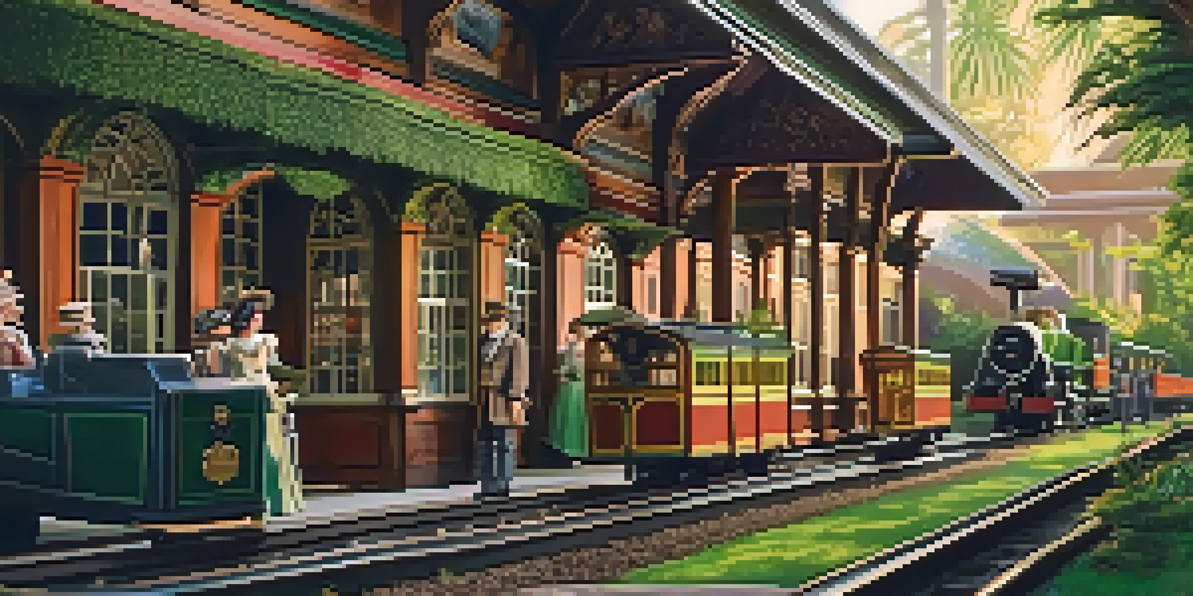 A miniature train station on a film set, featuring detailed models and an actor in period clothing, surrounded by greenery.